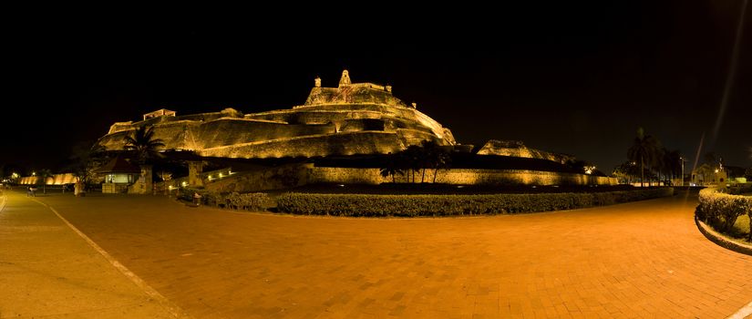 Nocturnal panorama San Felipe Castle in Cartagena de Indias