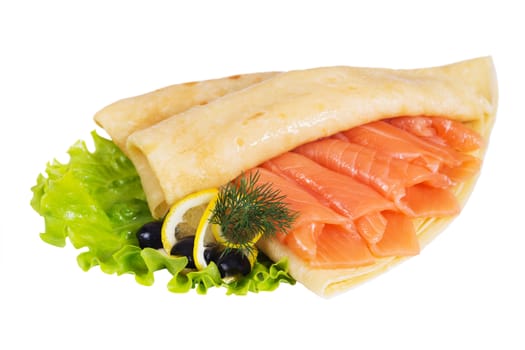 Pancakes with  salmon on a white background, isolated