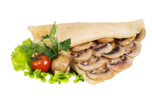 Pancakes with mushrooms on a white background, isolated
