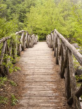 Wooden bridge over a river in the mountains of Olympus at Greece