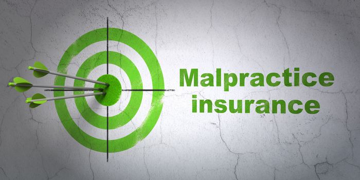 Success Insurance concept: arrows hitting the center of target, Green Malpractice Insurance on wall background, 3D rendering