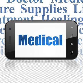 Medicine concept: Smartphone with  blue text Medical on display,  Tag Cloud background, 3D rendering