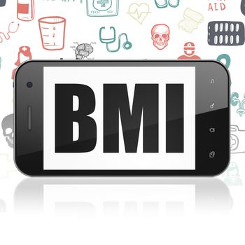 Medicine concept: Smartphone with  black text BMI on display,  Hand Drawn Medicine Icons background, 3D rendering