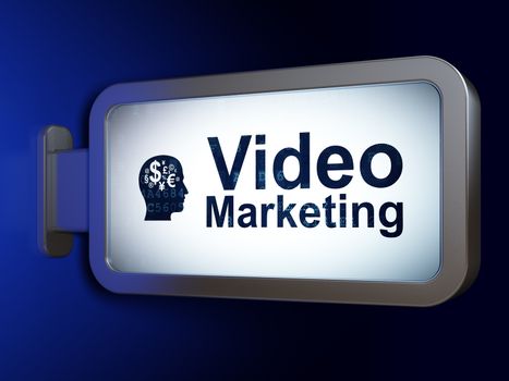 Marketing concept: Video Marketing and Head With Finance Symbol on advertising billboard background, 3D rendering
