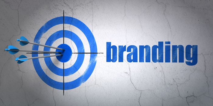 Success marketing concept: arrows hitting the center of target, Blue Branding on wall background, 3D rendering