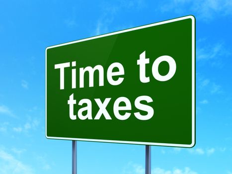 Timeline concept: Time To Taxes on green road highway sign, clear blue sky background, 3D rendering