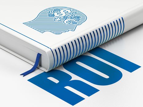 Finance concept: closed book with Blue Head With Finance Symbol icon and text ROI on floor, white background, 3D rendering