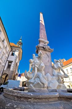 Fountain and city hall of Ljubljana vertical view, capital of Slovenia