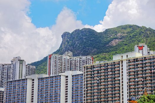 hong kong public estate with landmark lion rock