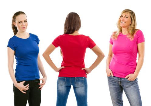 Photo of three women posing with blue, red, and pink blank t-shirts, ready for your artwork or design.