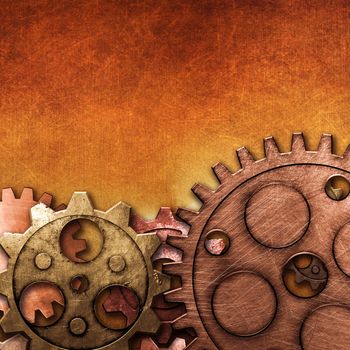 copper and brass gears on the gold metallic wall. 3d illustration. material design. vintage style background.