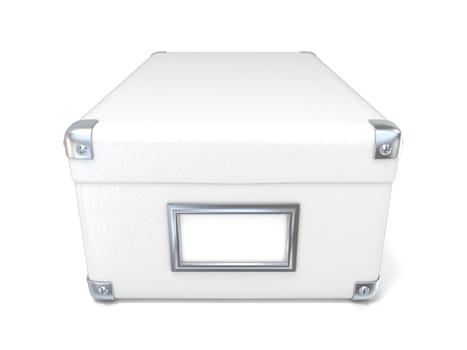 White leather closed box, with chrome corners and blank label. Front view. 3D render illustration isolated on white background