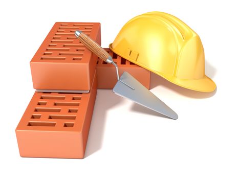 Safety helmet with rectangular perforated bricks and trowel. 3D render illustration, Isolated white background. Side, angled view.