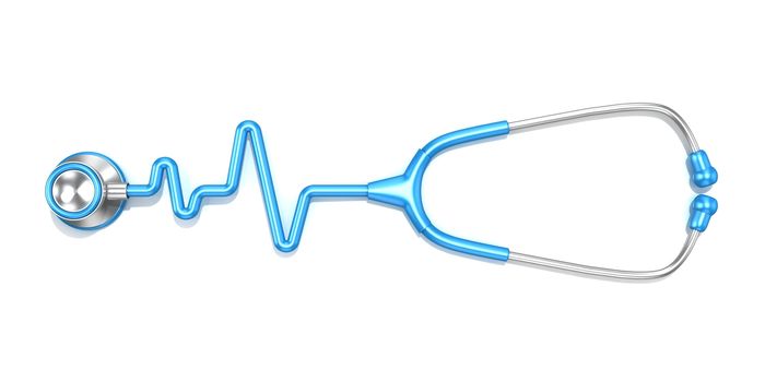 Blue stethoscope in shape of electrocardiogram line ECG, 3D render illustration, isolated on a white background. Top view