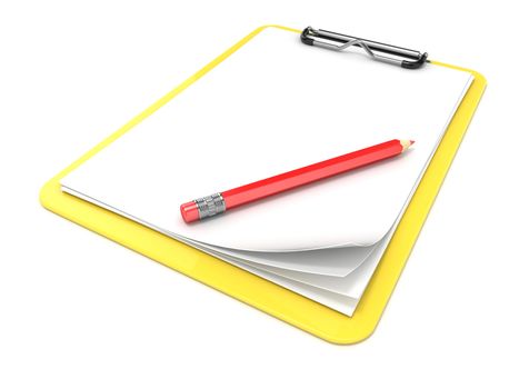 Yellow clipboard and blank paper. 3D render illustration isolated on white background