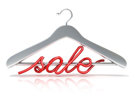 Silver clothes hangers with red sale sign, 3D render isolated on white background. Front view