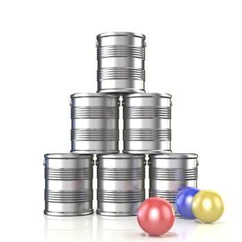 Tin cans and three balls. 3D illustration isolated on white background