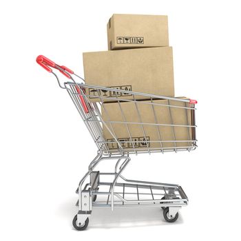 Shopping cart with boxes. 3D render illustration isolated on white background