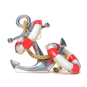 Anchor, lifebuoy and rope. 3D render illustration isolated on white background