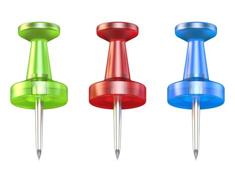 Color push pins. Front view. 3D render illustration isolated on white background