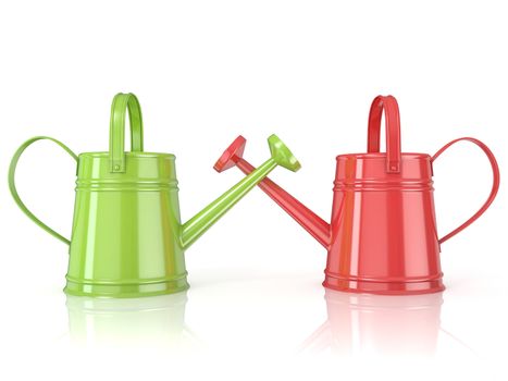 Two green and red 3D renders watering can isolated white background. Side view.