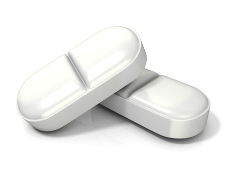 Two white medicine pills - tablets. 3D render illustration isolated on white background