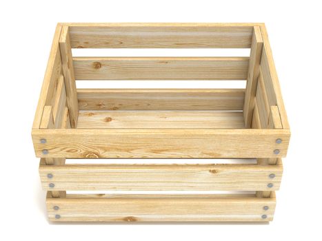 Empty wooden crate. Front view. 3D render illustration isolated on white background