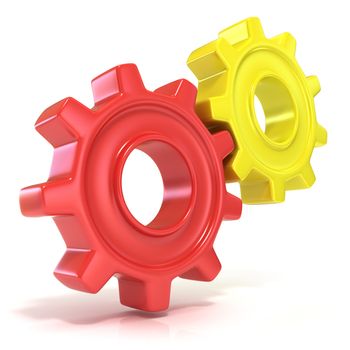 Red and yellow gear wheels, 3D concept isolated no white background