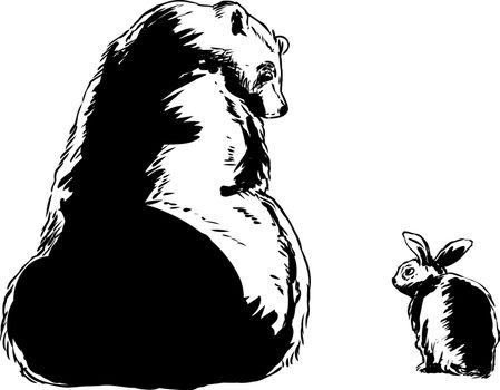 Size comparison outlined cartoon of large bear looking at little rabbit over white background