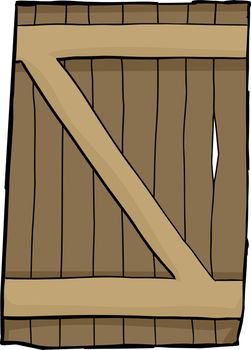 Cartoon illustration of single old reinforced wooden door over white background