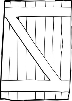 Outlined cartoon illustration of single old reinforced wooden door over white background