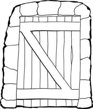 Single outline closed dungeon doorway over white background