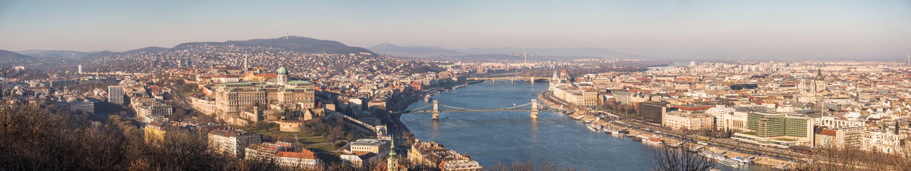 Wide Panoramic View of Budapest and the Danube River as Seen from Gellert Hill Lookout Point