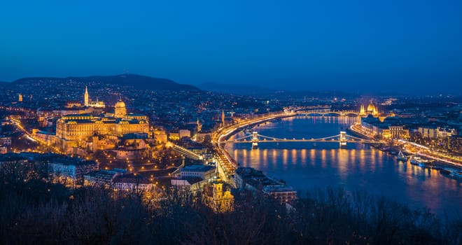 Panoramic View of Budapest and the Danube River as Seen from Gellert Hill Lookout Point at Twilight