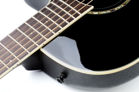 Fingerboard of Contemporary Black Acoustic Guitar Cross Section on White background