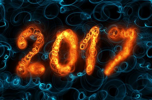 Happy new year 2017 isolated numbers written with flame light on dark seamless background.