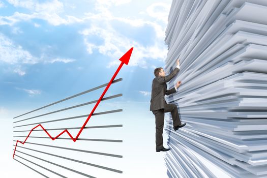 Businessman climbing up a huge stack of paper with sky and chart background