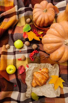 Romantic autumn still life with blanket, cake, pumpkins, croissant and leaves, top view