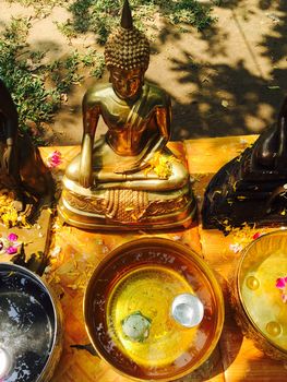 white lotus floating on water in golden bowl  and Bhudda statue Songkran, Thailand new year festival