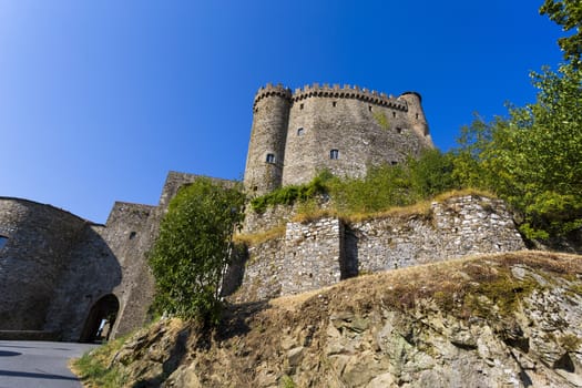 Fosdinovo, Toscana, IT- August 8. Bottom view of a castle Malaspina of Fosdinovo in a sunny day