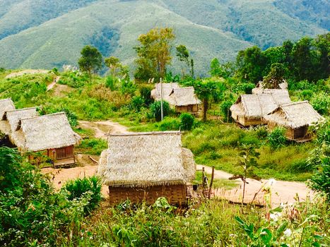 Viewpoints Local rural houses close up with mountains background in laos, asia