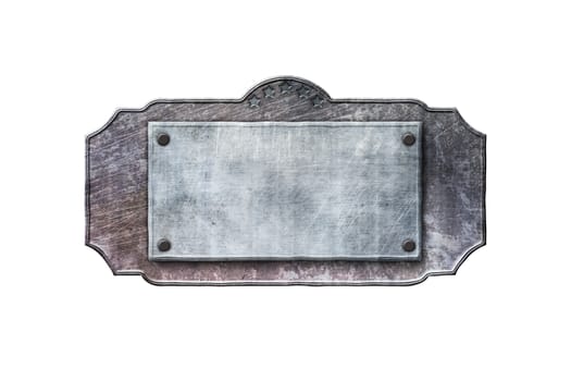 old metal sign board on isolated white background. western style. 3d illustration.