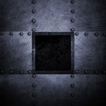 grunge metal plate and grid window. 3d illustration. background and texture.