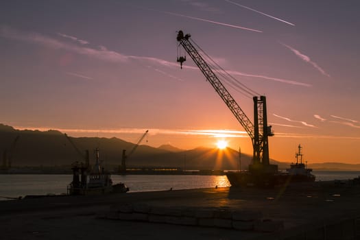 View of a crane at the port to' dawn