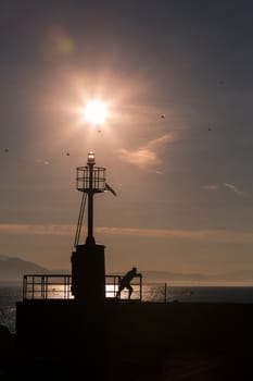 Coastal landscape with lighthouse in backlight in the morning with a person in relaxation