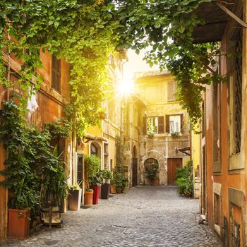View of Old street in Trastevere in Rome, Italy