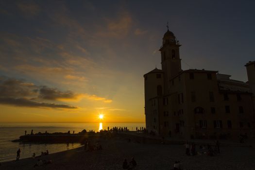 View of a church of a maritime town at sunset