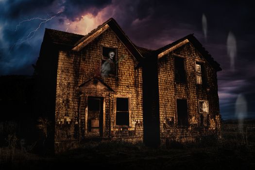 Haunted House with Lightning and Ghosts, Color Image