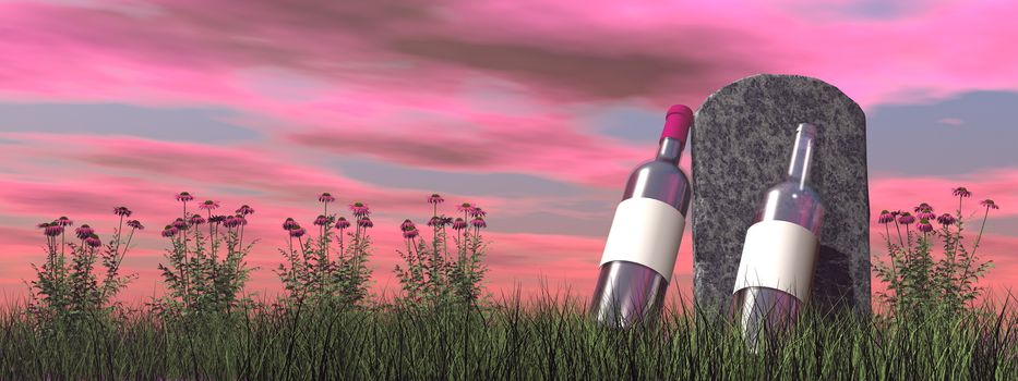 Alcoholic tombstone by colorful sunset - 3D render