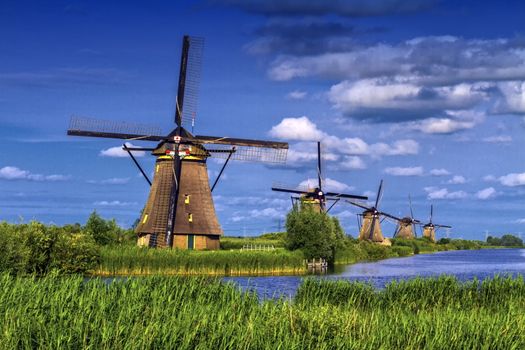 Famous historical windmills in Kinderdijk, Holland, Netherlands